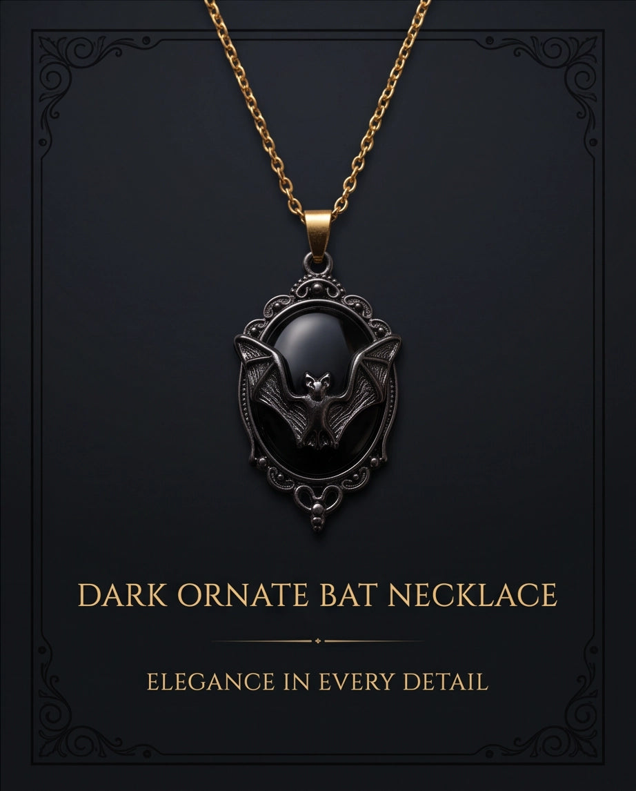 Antique Silver Gothic Bat Black Enamel Medallion Chain Necklace