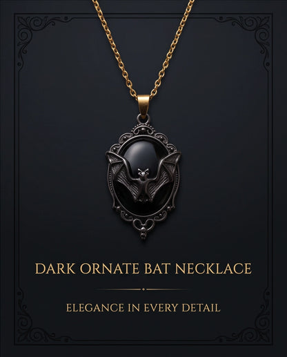 Antique Silver Gothic Bat Black Enamel Medallion Chain Necklace