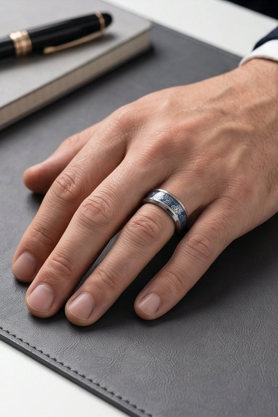 Industrial Steampunk Blue Gear Band Ring