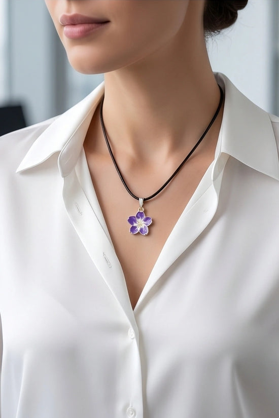 Elegant Purple and White Floral Enamel Pendant Necklace