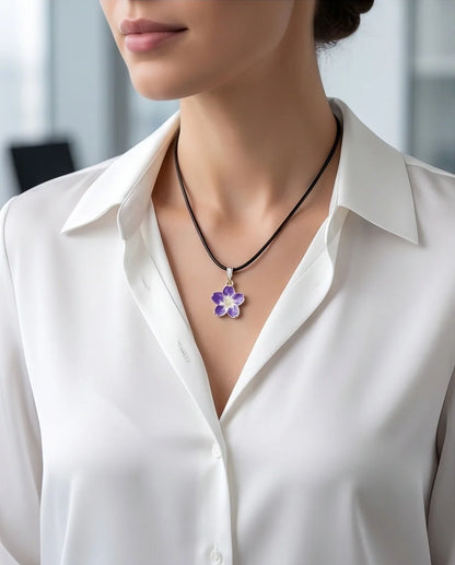 Elegant Purple and White Floral Enamel Pendant Necklace