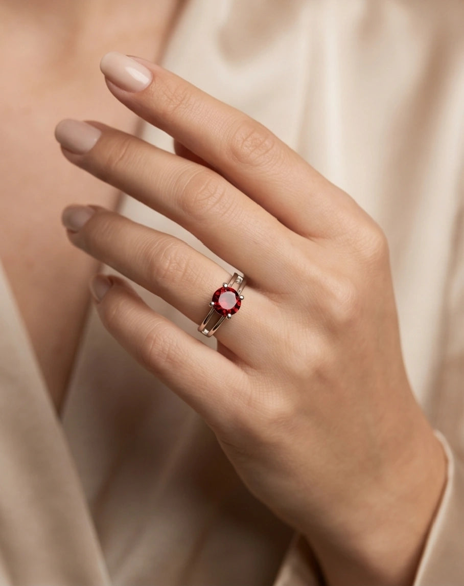 Sterling Silver Round-Cut Split Shank Garnet Red Solitaire Ring