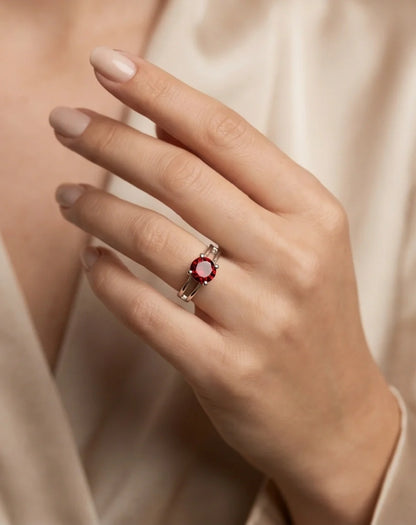 Sterling Silver Round-Cut Split Shank Garnet Red Solitaire Ring