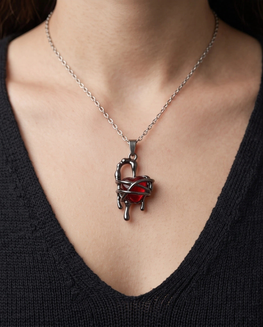 Black Thorny Dripping Heart Red Gem Pendant Necklace