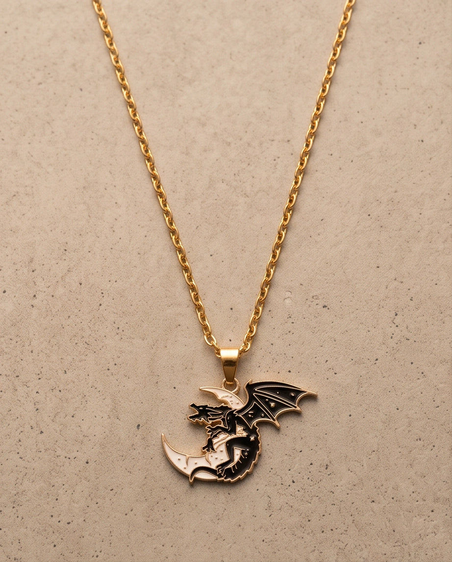 Gold Celestial Dragon White Crescent Moon Enamel Pendant Necklace