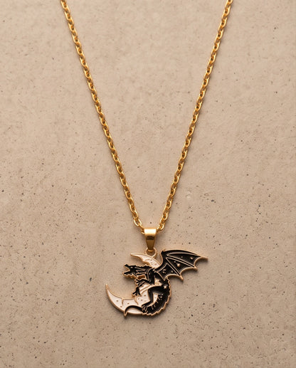 Gold Celestial Dragon White Crescent Moon Enamel Pendant Necklace