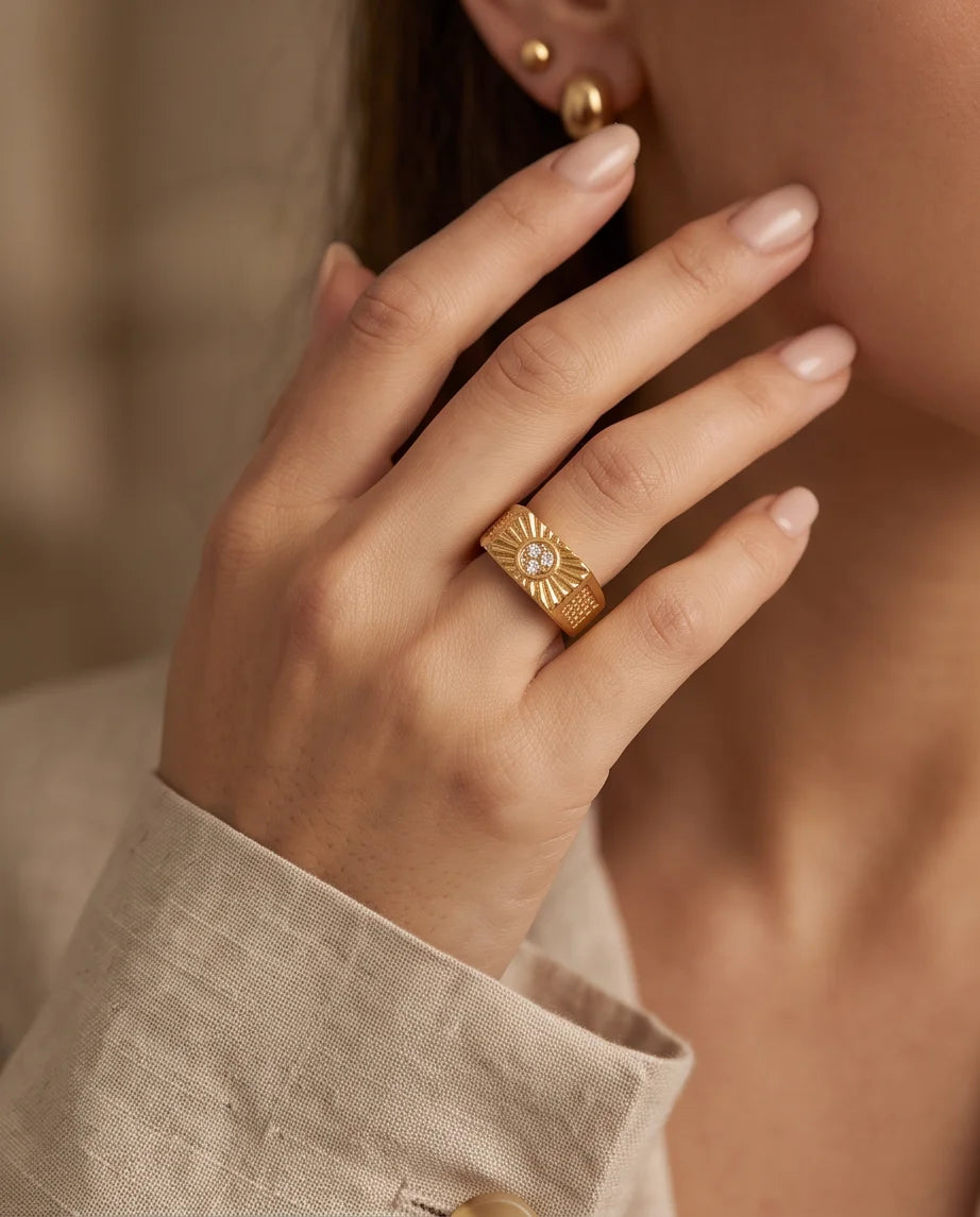 Celestial Sunburst Pavé Triple-Crystal Grid Gold Ring