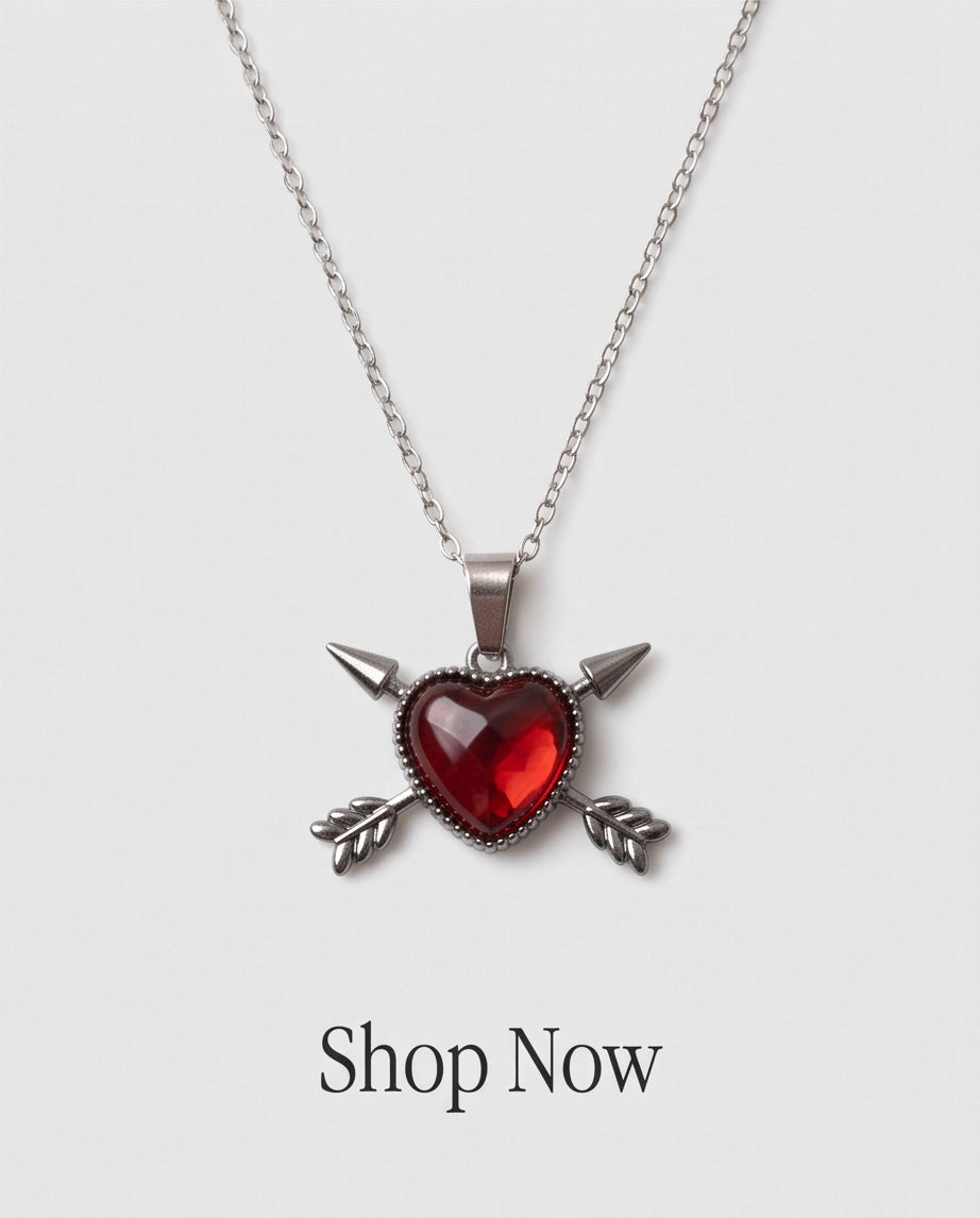 Silver Crossed Arrows Red Heart Gem Pendant Necklace