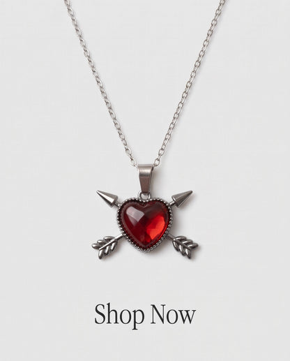 Silver Crossed Arrows Red Heart Gem Pendant Necklace