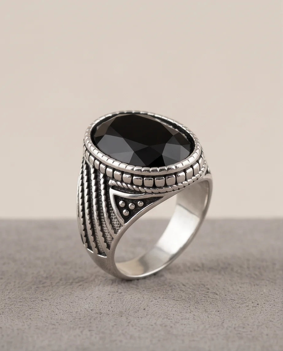 Black Gemstone Double-Tier Bezel Ribbed Silver Ring