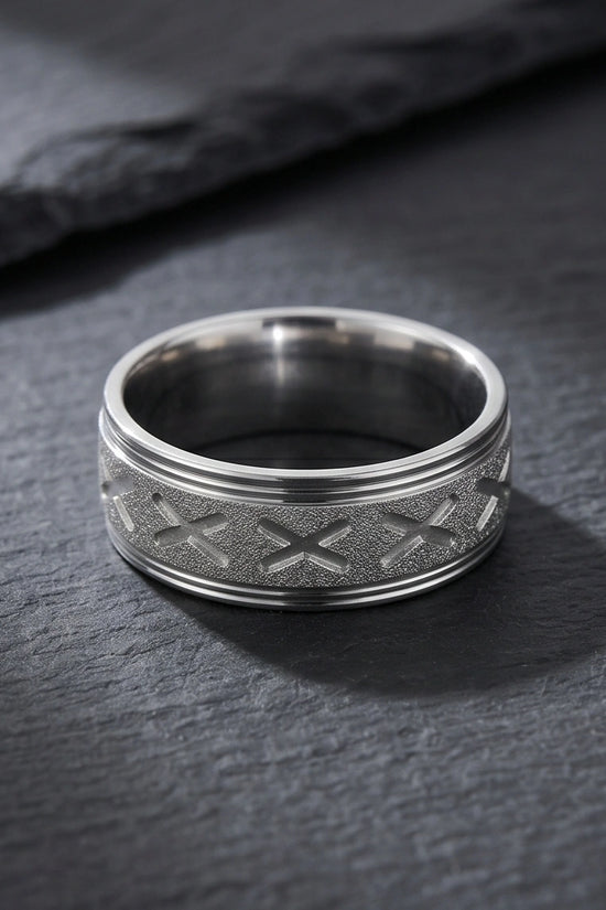 Textured Silver 'X' Engraved Band Ring