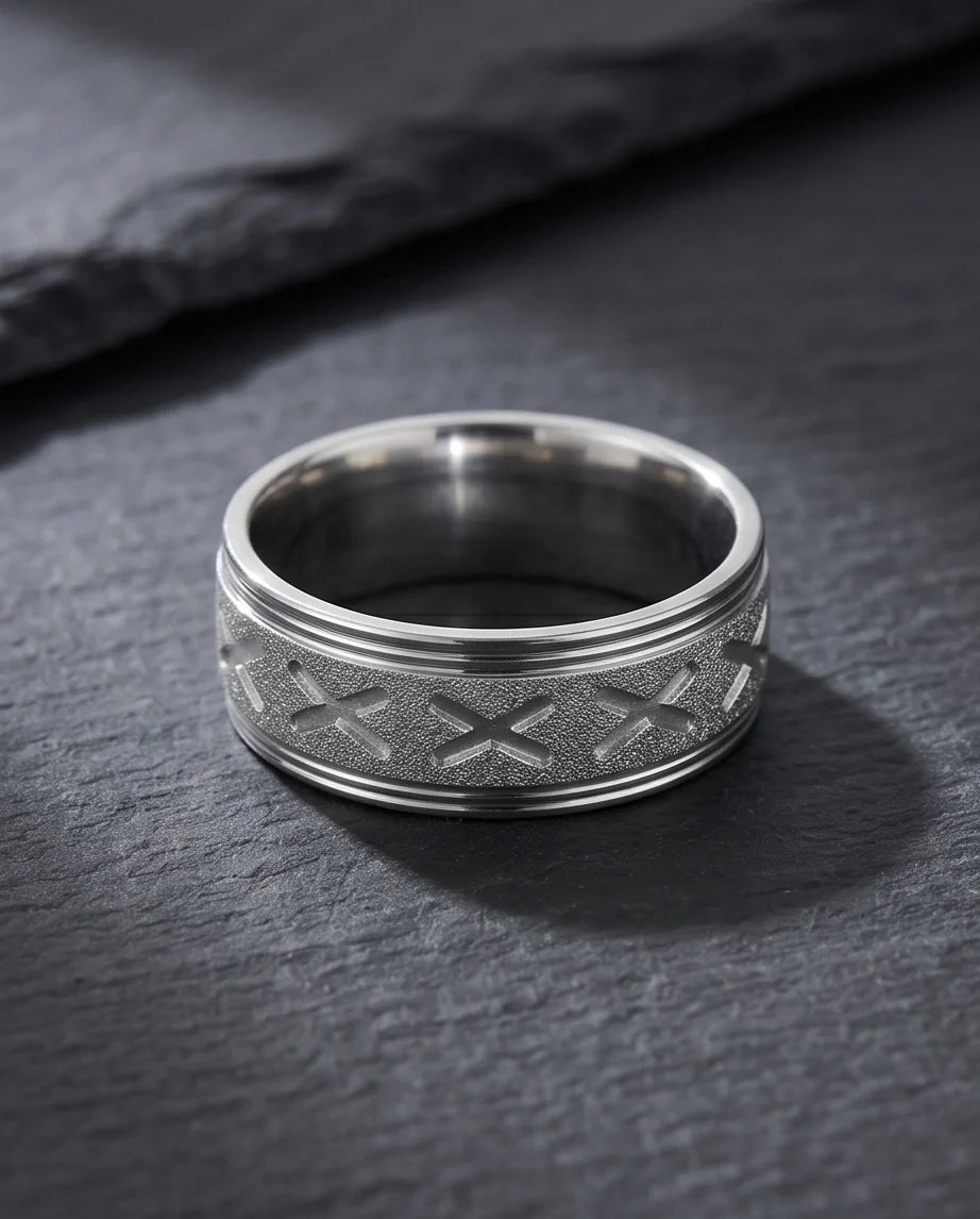 Textured Silver 'X' Engraved Band Ring