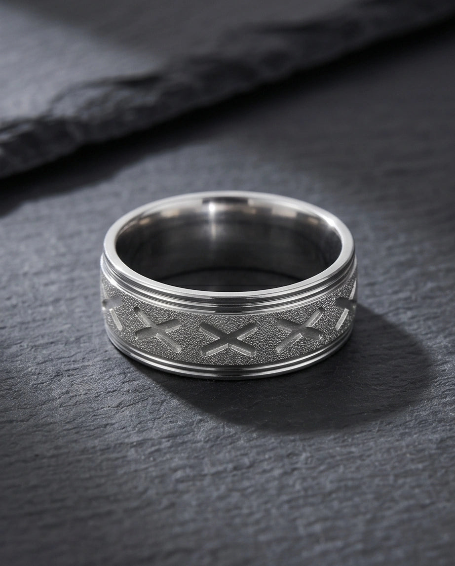Textured Silver 'X' Engraved Band Ring
