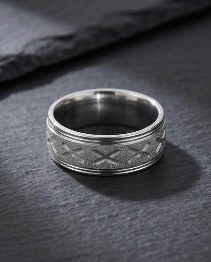 Textured Silver 'X' Engraved Band Ring