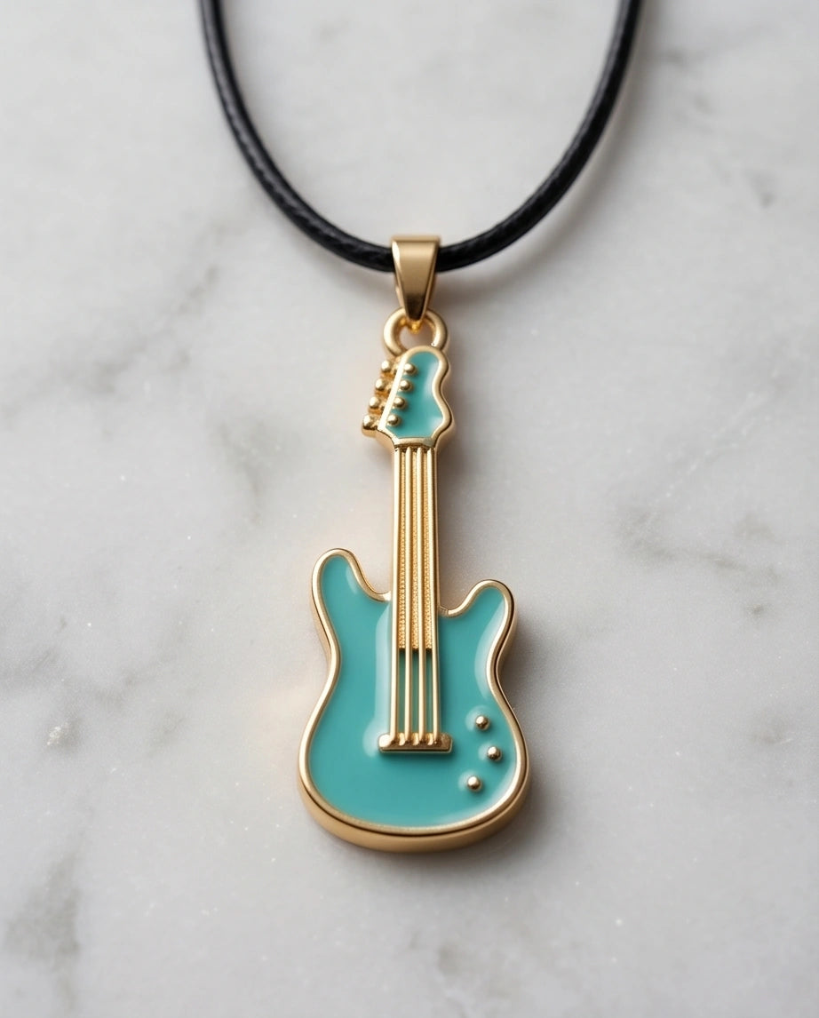 Gold and Turquoise Enamel Electric Guitar Necklace