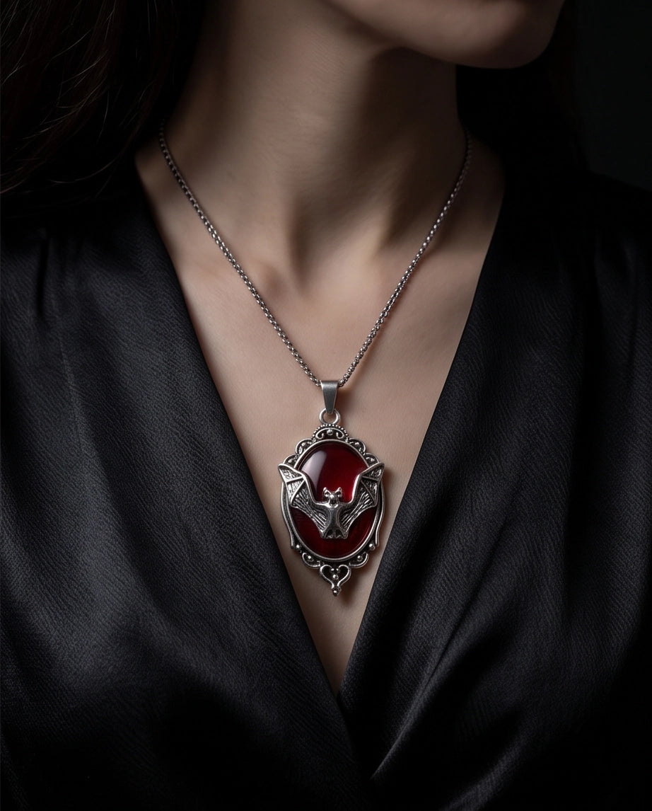 Antique Silver Gothic Bat Red Enamel Medallion Chain Necklace