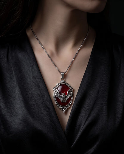 Antique Silver Gothic Bat Red Enamel Medallion Chain Necklace