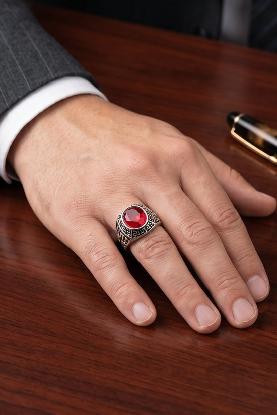 Vintage Greek Key Ruby Red Gemstone Ring