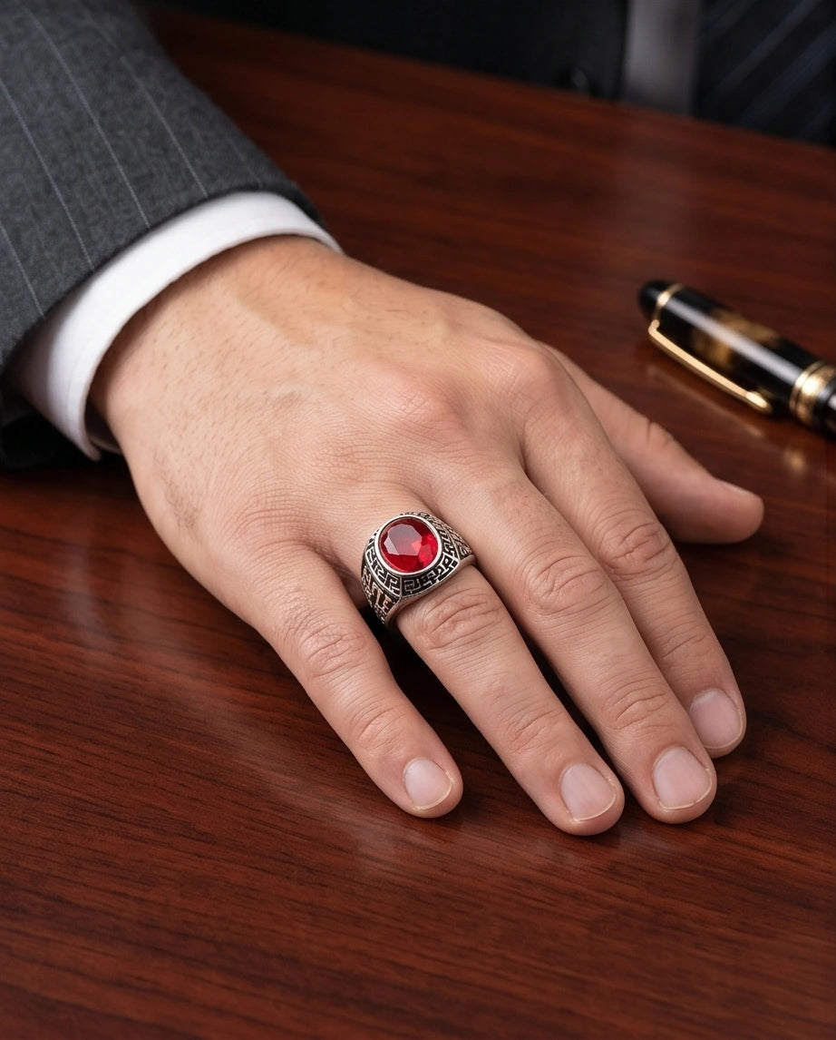 Vintage Greek Key Ruby Red Gemstone Ring