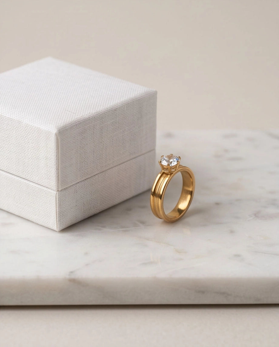 Gold Round Gemstone Grooved Solitaire Ring