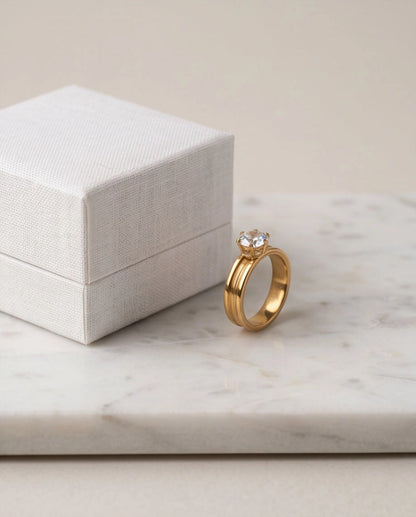 Gold Round Gemstone Grooved Solitaire Ring