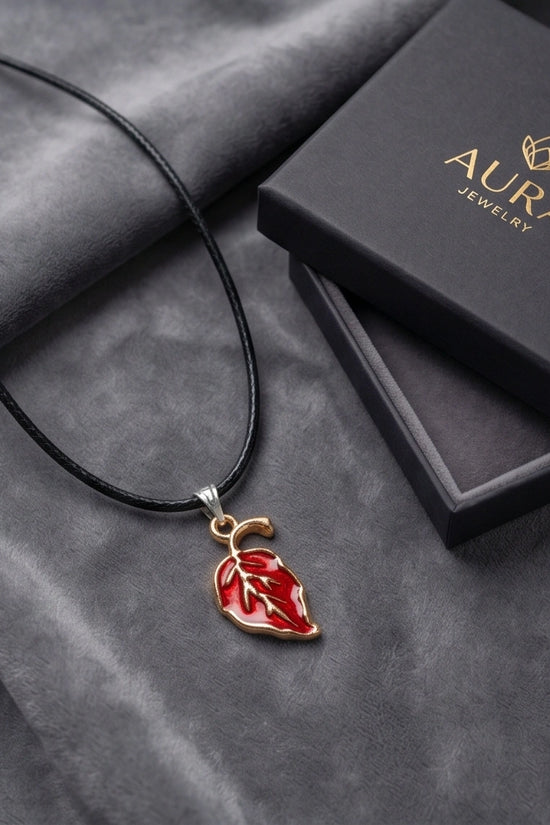 Gold and Red Leaf Pendant Necklace