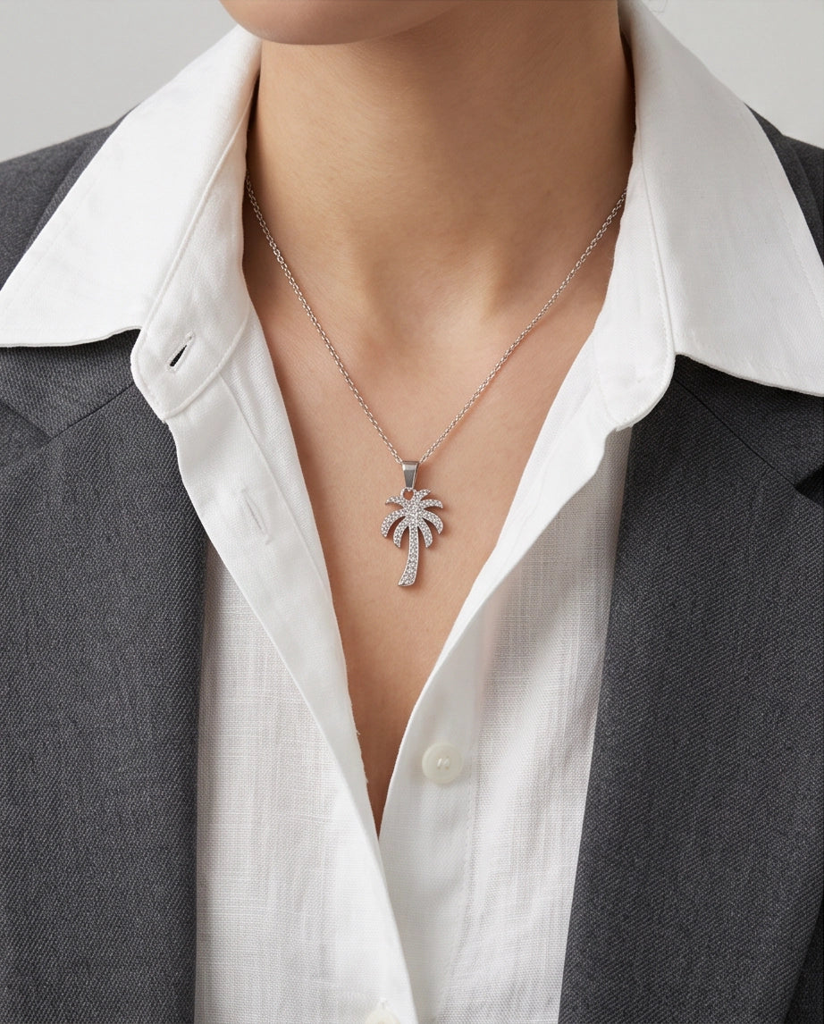 Silver Crystal Pavé Palm Tree Pendant Necklace