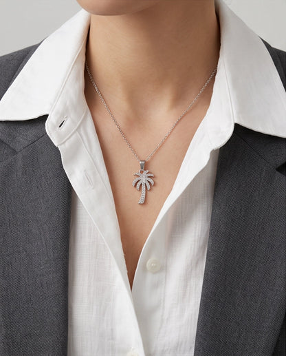 Silver Crystal Pavé Palm Tree Pendant Necklace