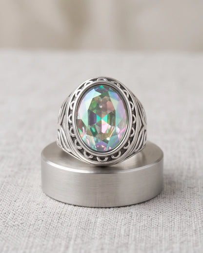 Mystic Rainbow Iridescent Oval-Cut Gemstone Ornate Bezel Silver Ring