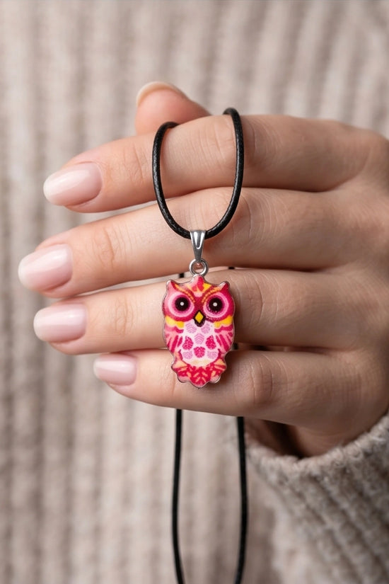 Vibrant Pink and Yellow Owl Totem Pendant Necklace