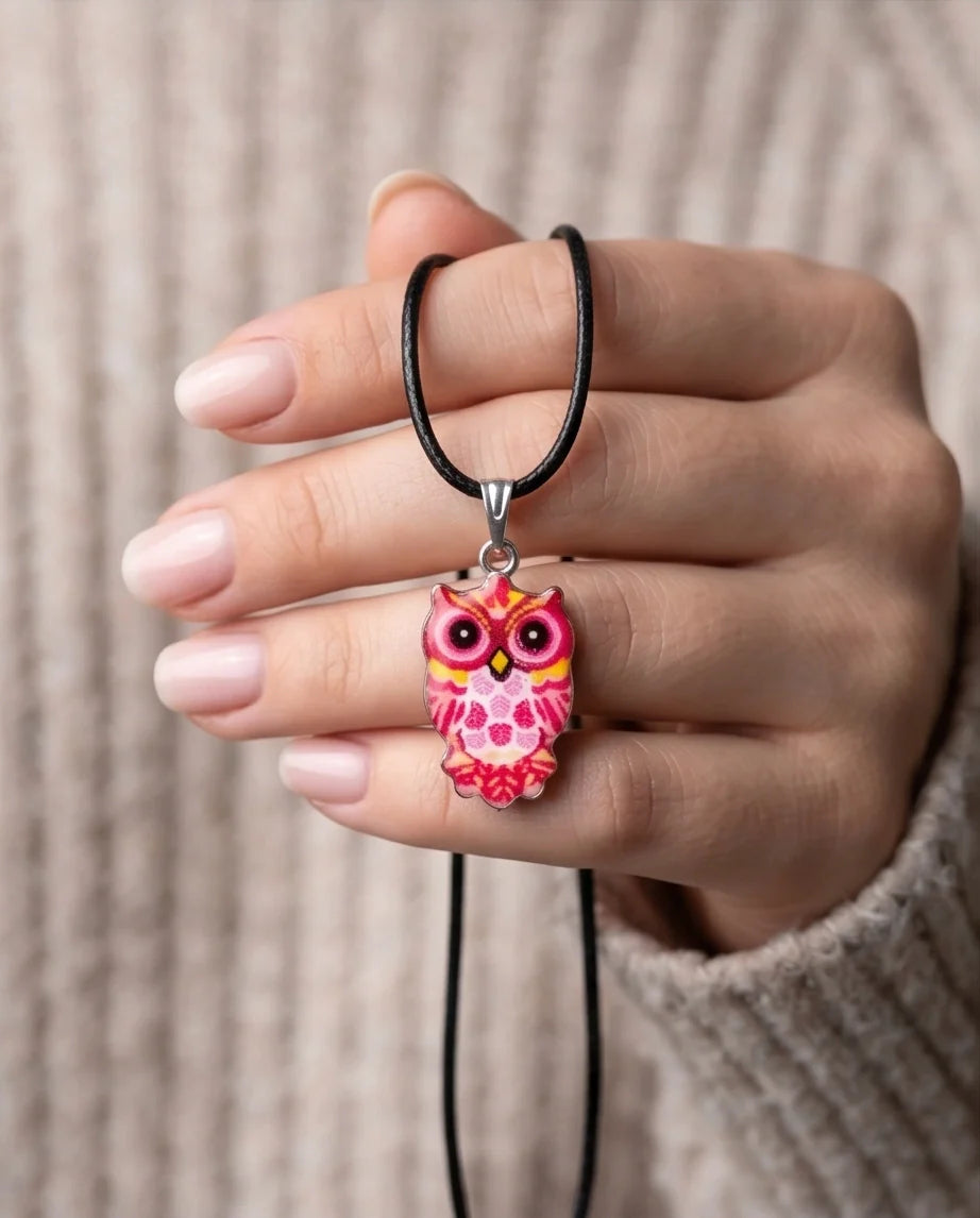 Vibrant Pink and Yellow Owl Totem Pendant Necklace