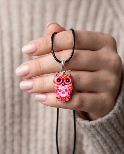 Vibrant Pink and Yellow Owl Totem Pendant Necklace