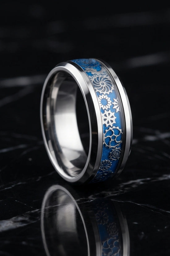 Industrial Steampunk Blue Gear Band Ring