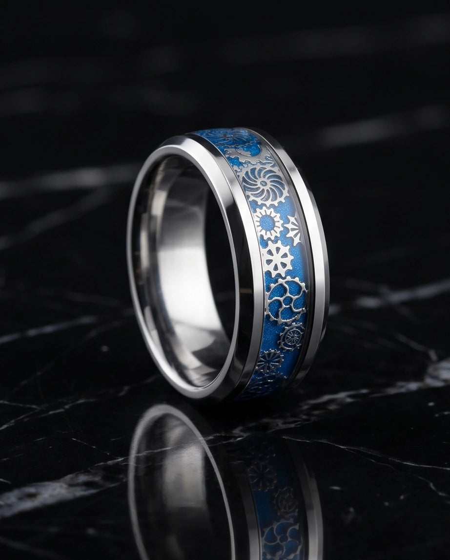 Industrial Steampunk Blue Gear Band Ring