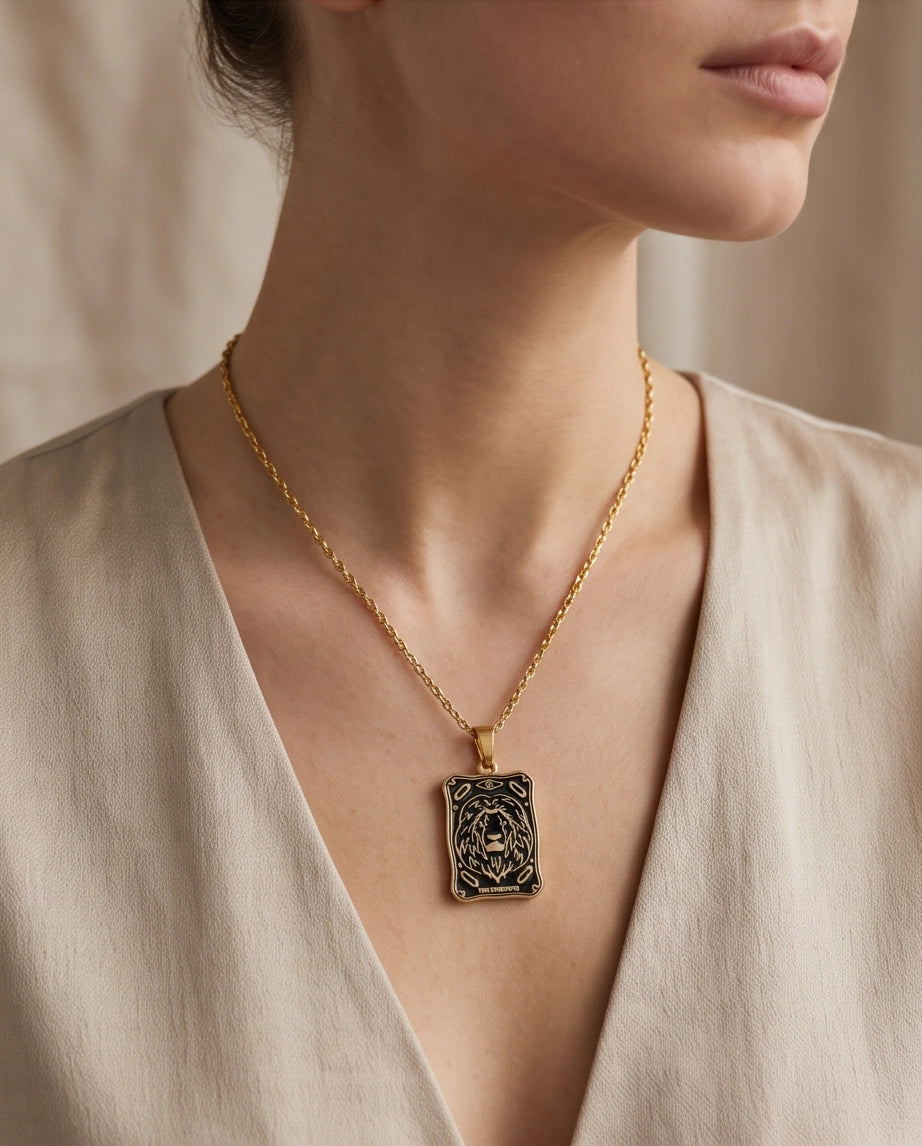 Gold "Strength" Lion Tarot Card Pendant Necklace