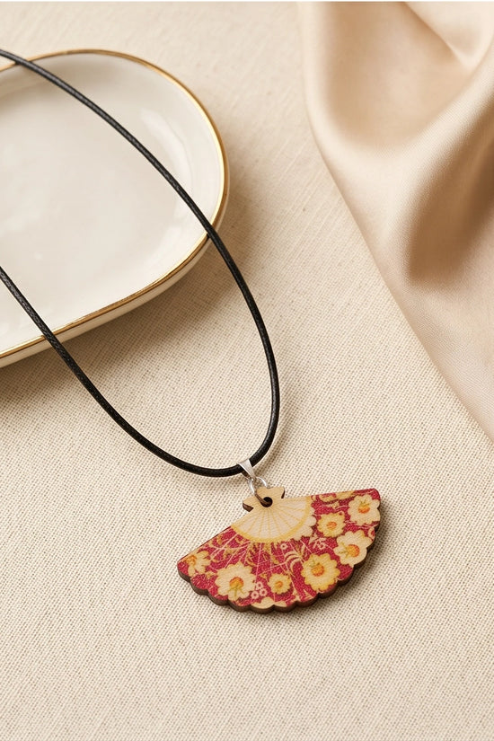 Vintage Burgundy & Gold Floral Hand-Fan Pendant Necklace