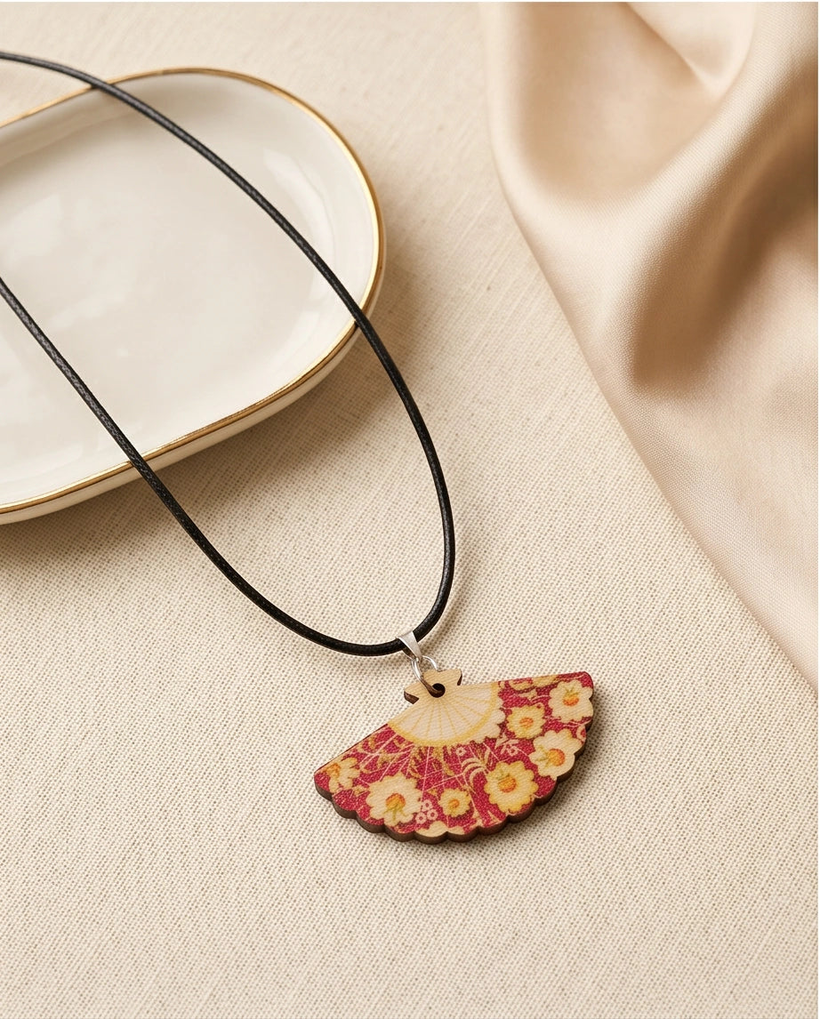 Vintage Burgundy & Gold Floral Hand-Fan Pendant Necklace