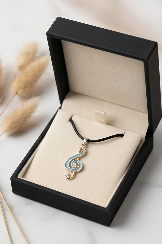 Gold Light Blue Treble Clef Music Necklace