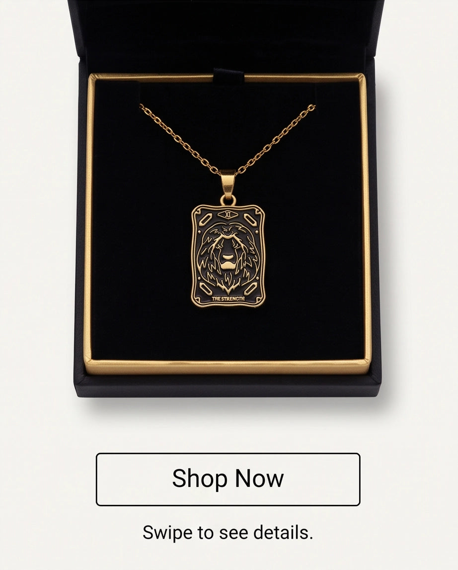 Gold "Strength" Lion Tarot Card Pendant Necklace