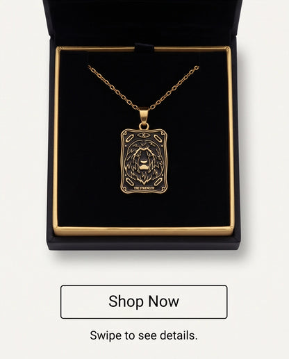 Gold "Strength" Lion Tarot Card Pendant Necklace