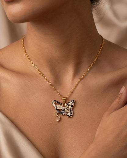 Gold Snake & Butterfly Celestial Enamel Pendant Necklace