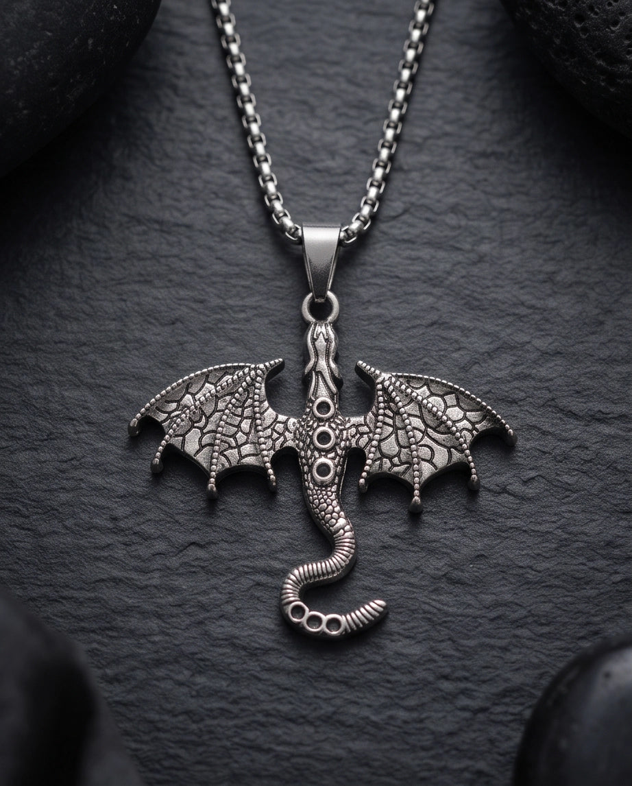 Silver Textured Dragon Wyvern Pendant Necklace