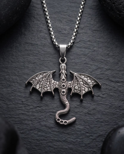 Silver Textured Dragon Wyvern Pendant Necklace
