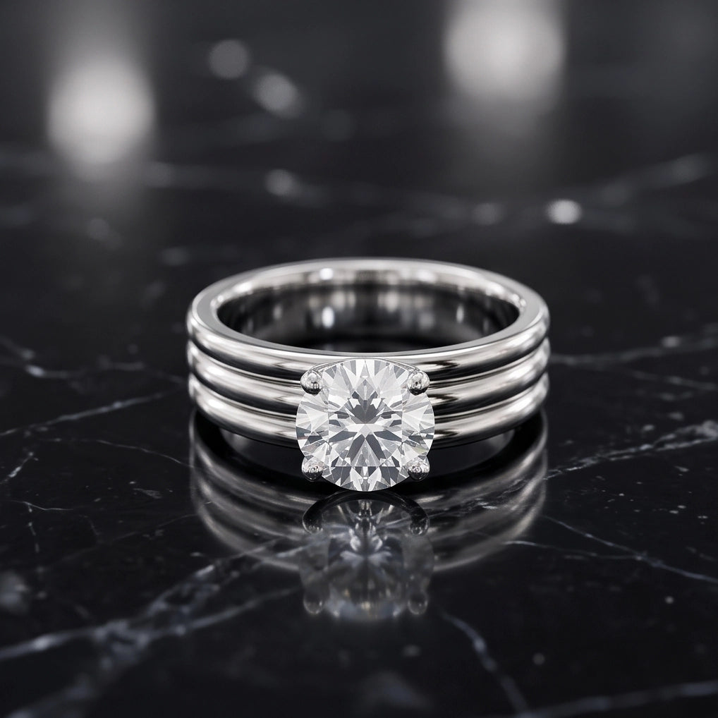 Silver Round Gemstone Triple-Band Solitaire Ring