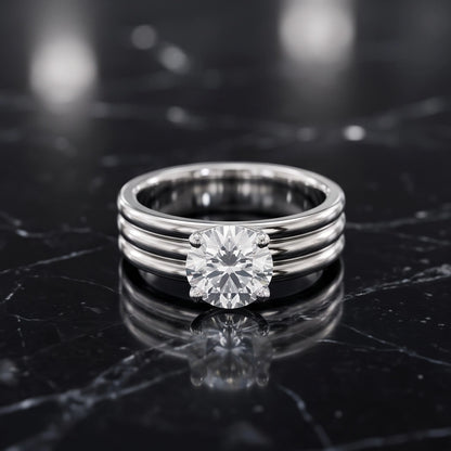 Silver Round Gemstone Triple-Band Solitaire Ring