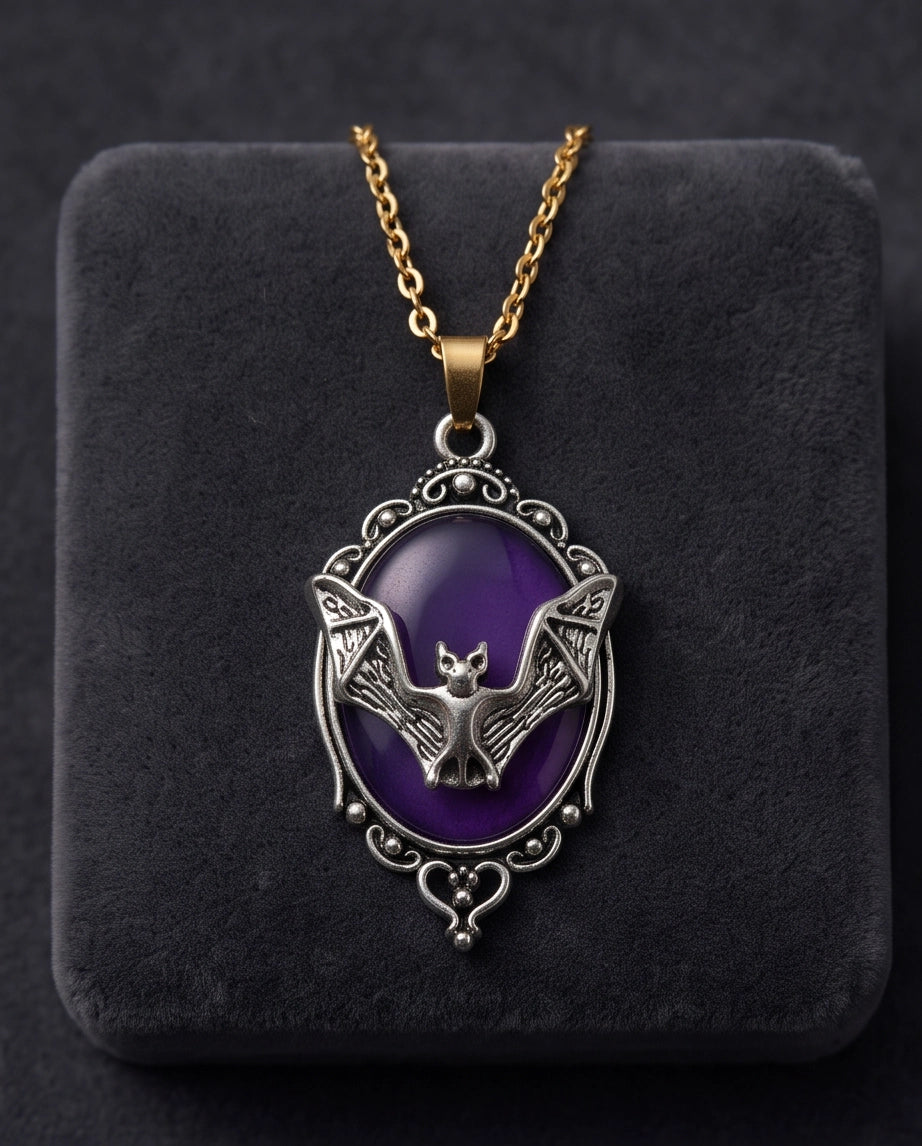 Silver Gothic Bat Purple Enamel Medallion Chain Necklace