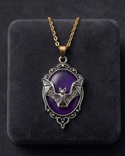 Silver Gothic Bat Purple Enamel Medallion Chain Necklace