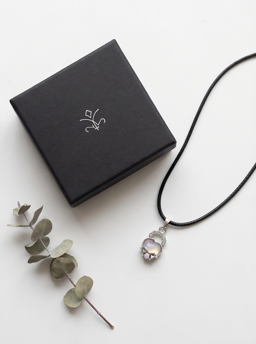 Opalite Heart Bow Lock Pendant Necklace
