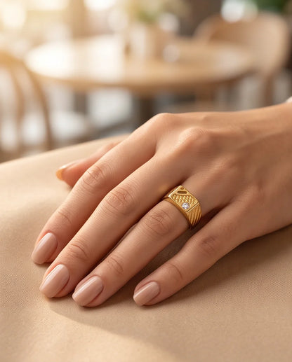 Abstract Textured Multi-Inlay Asymmetrical Signet Gold Ring