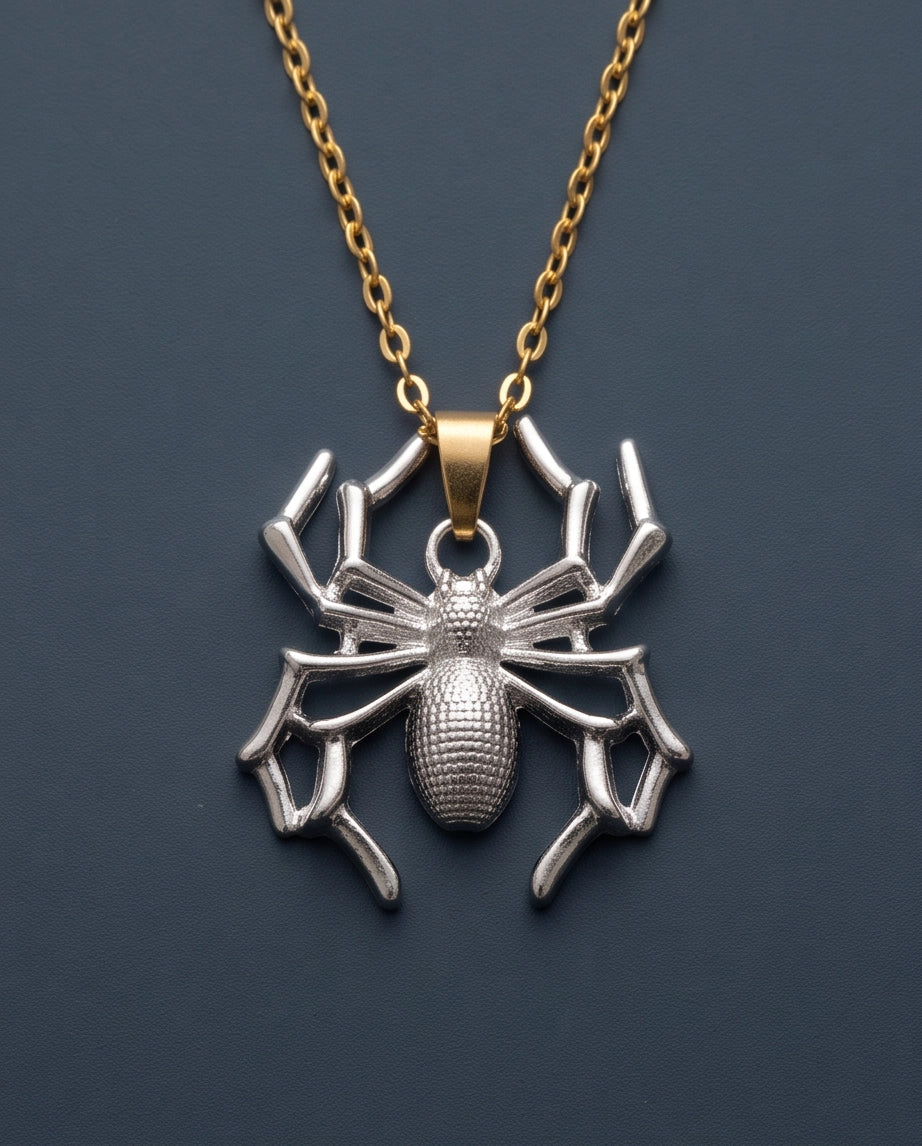 Silver Textured Spider Pendant Necklace
